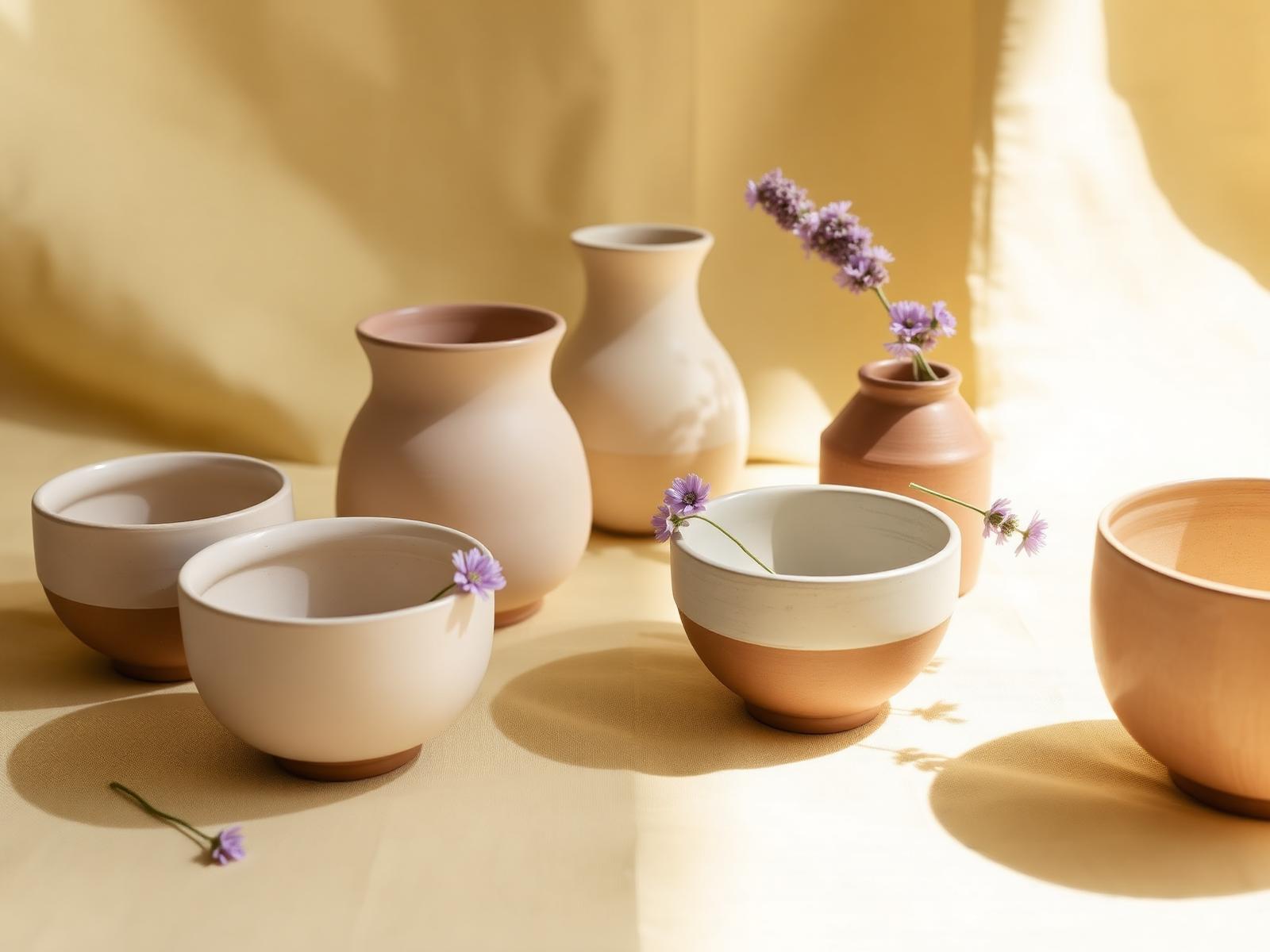 A collection of hand-thrown ceramic vessels on butter yellow linen with lilac flowers
